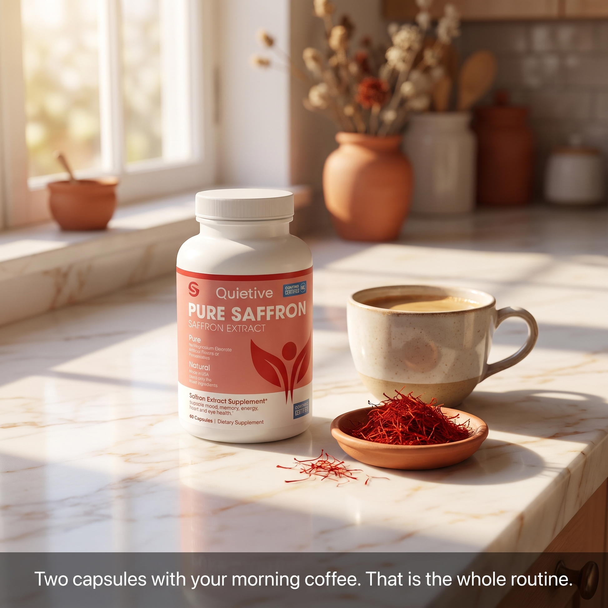 Quietive Pure Saffron bottle on a morning counter — two capsules with your morning coffee