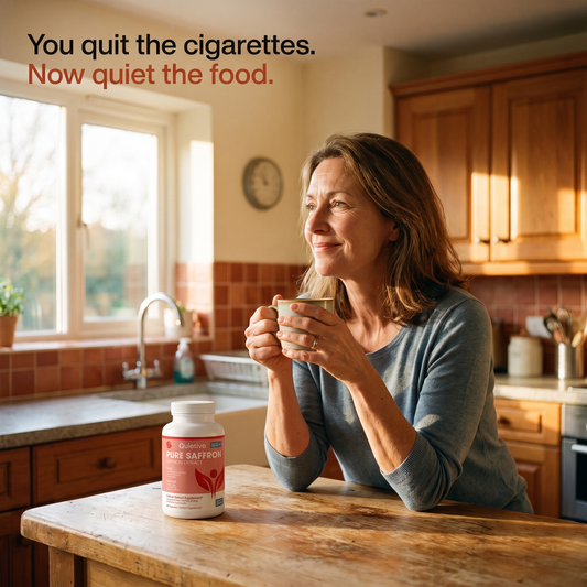 Calm woman with tea in a warm kitchen — you quit the cigarettes, now quiet the food
